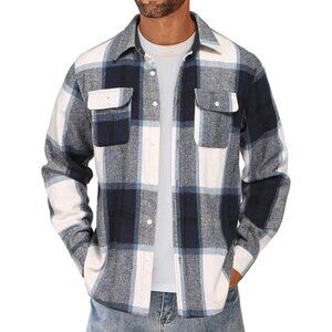 Men Blue Flannel Shirts Long Sleeve Cotton Plaid Shirt Casual Button Down Shirt